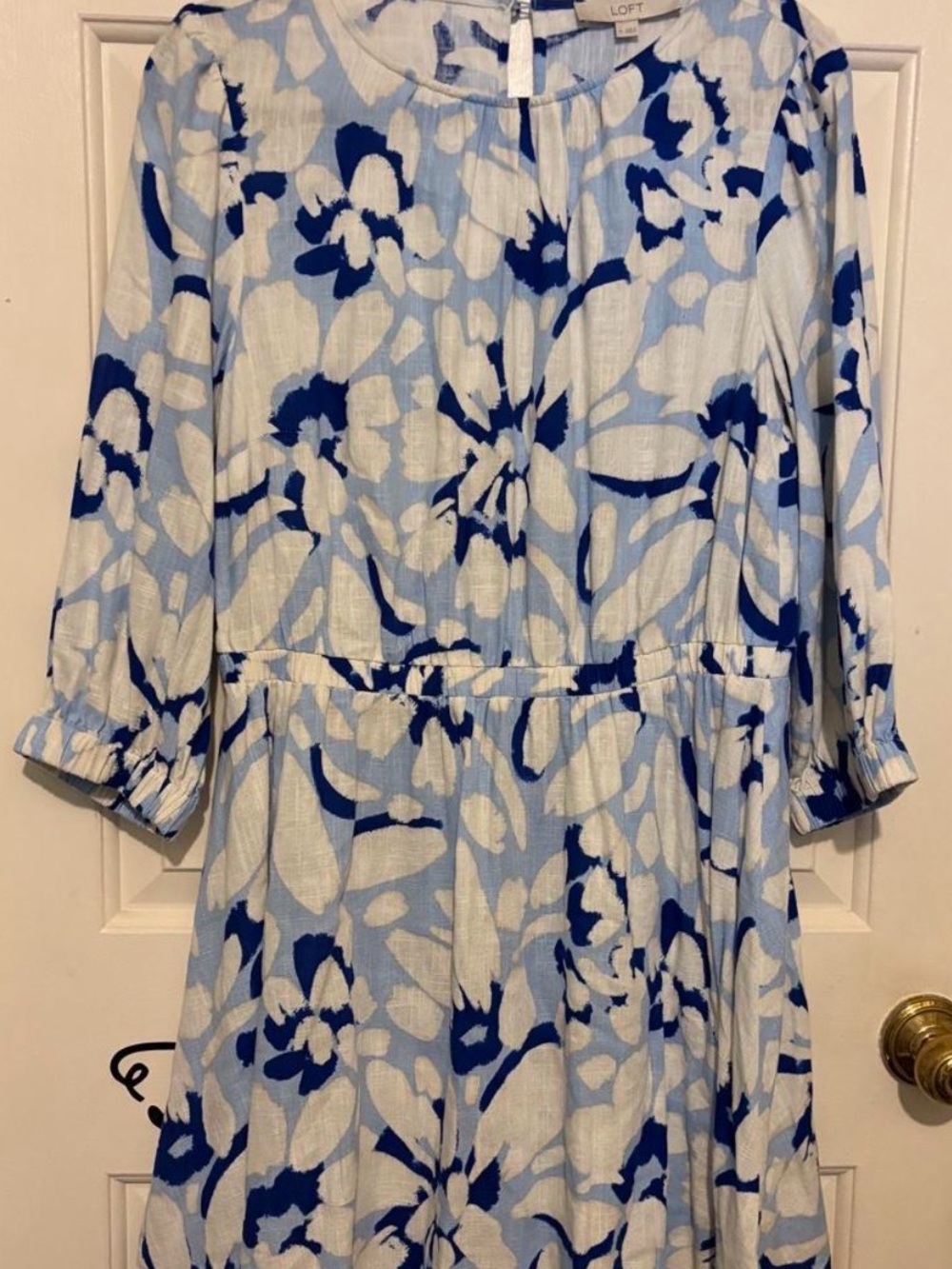 LOFT White and Blue Floral Long-Sleeve Midi Dress